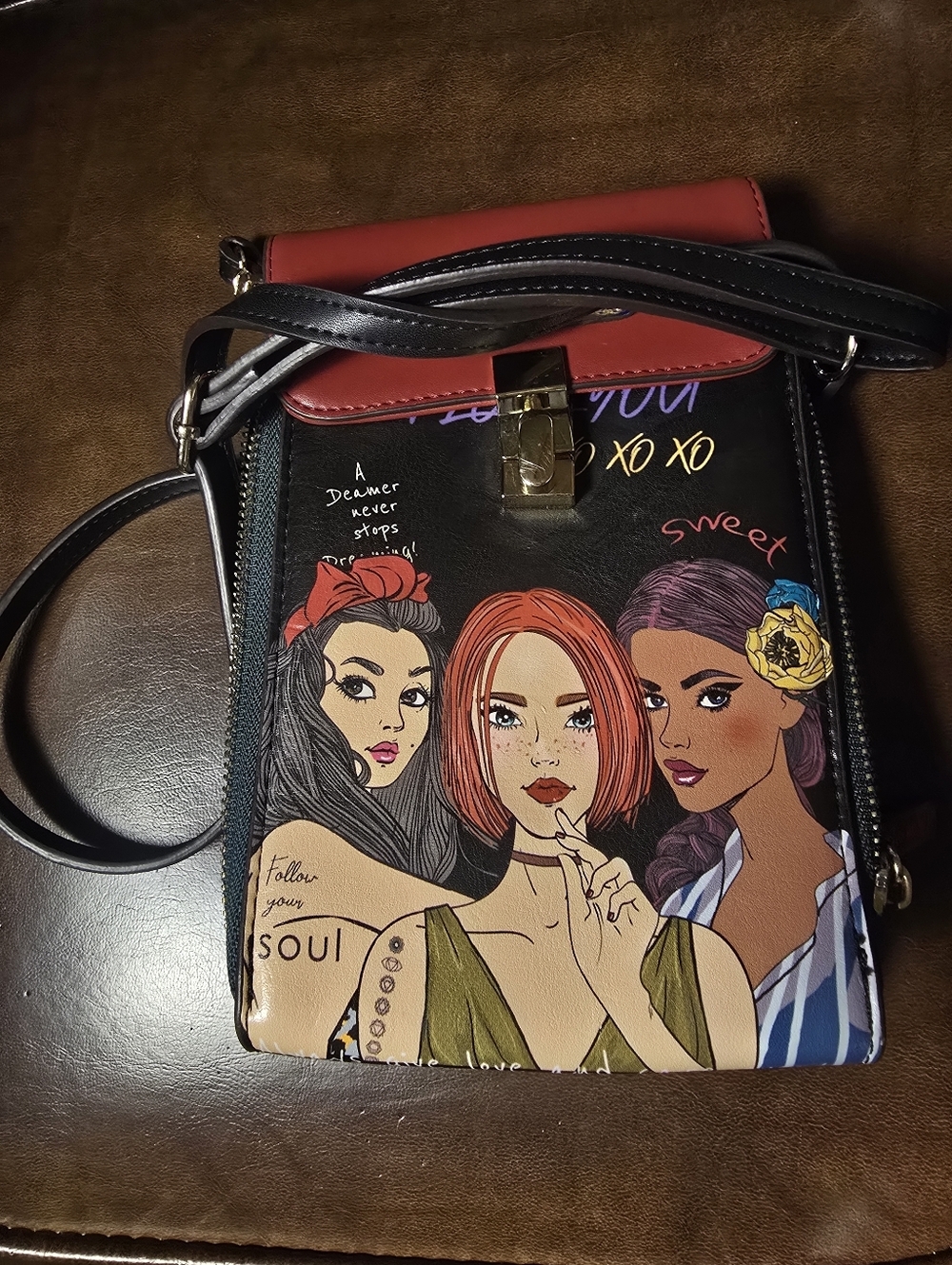 Nicole Lee Women's Illustrated Crossbody Bag with Red Top Flap